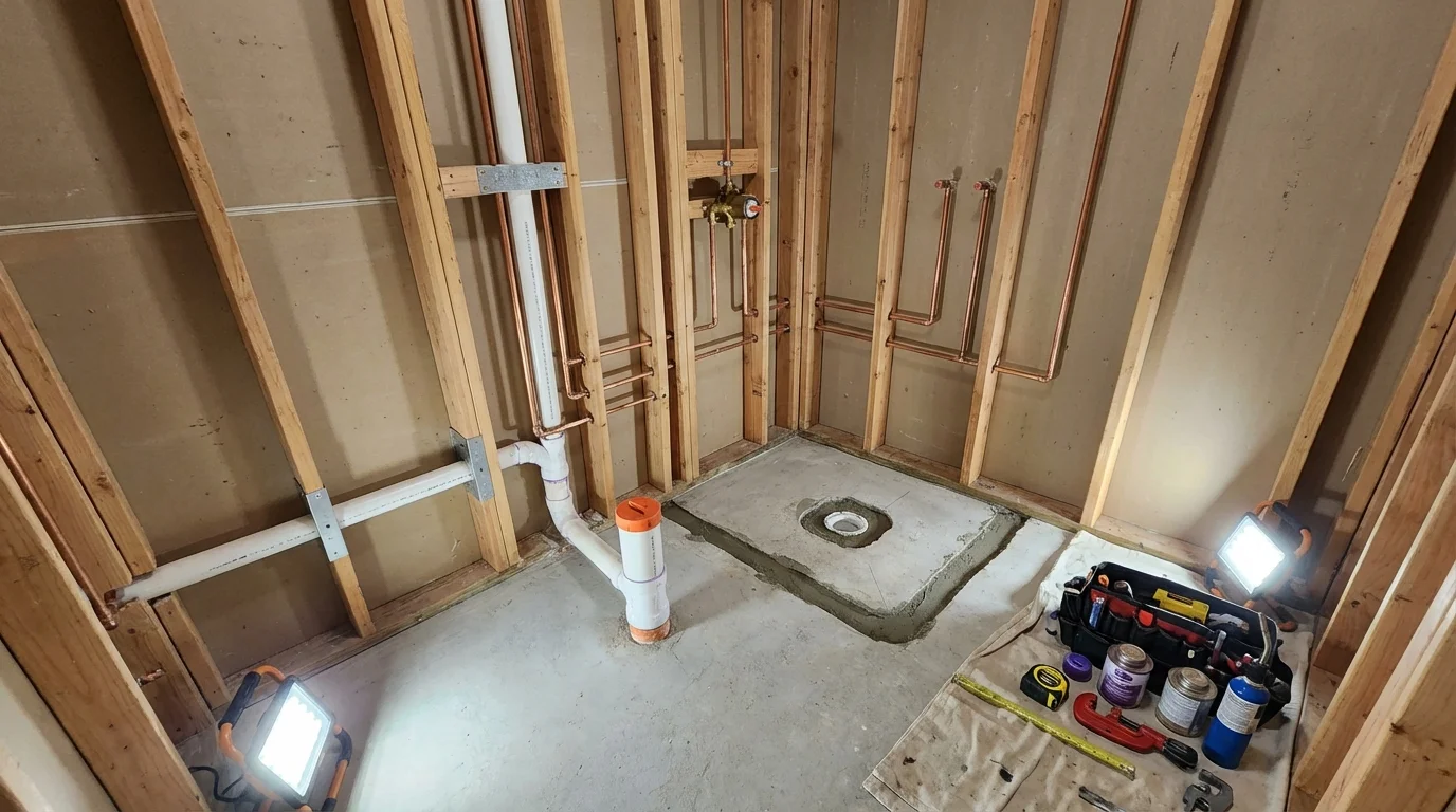 Bathroom rough-in plumbing during remodel by Johns Plumbing LLC in El Segundo