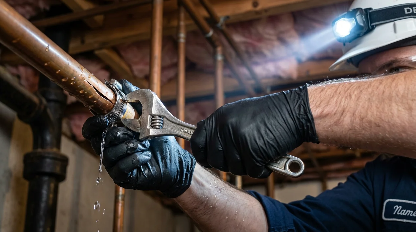 Emergency pipe clamp repair being performed by a Johns Plumbing LLC plumber in El Segundo