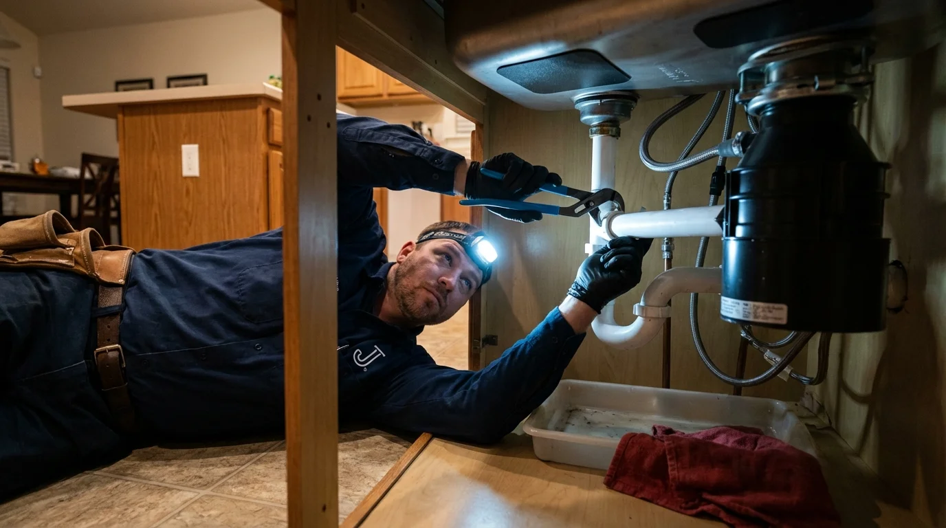 P-trap and supply line connections under a kitchen sink showing a common leak point in El Segundo, CA